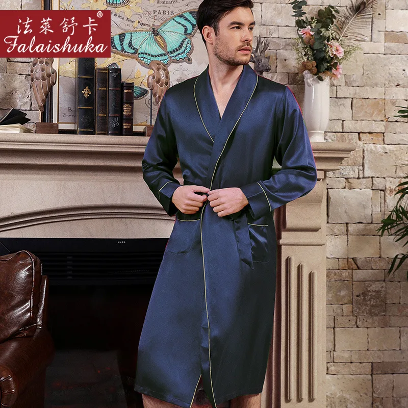 Благородный натуральный шелк мужской Халат Простой Длинный рукав халаты для невесты мужской домашний халат Повседневный модный элегантный мужской Халат Новинка - Цвет: Синий