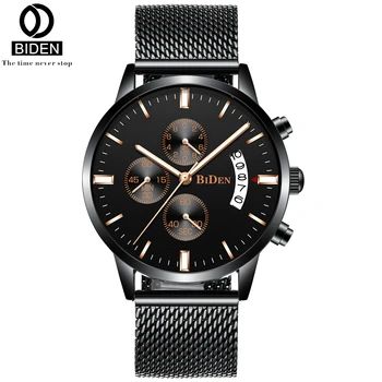

BIDEN Business Japanese Quartz Watch Men Black Mesh Stainless Steel Man Watches Date Chronograph Wristwatch Montre Homme 0105