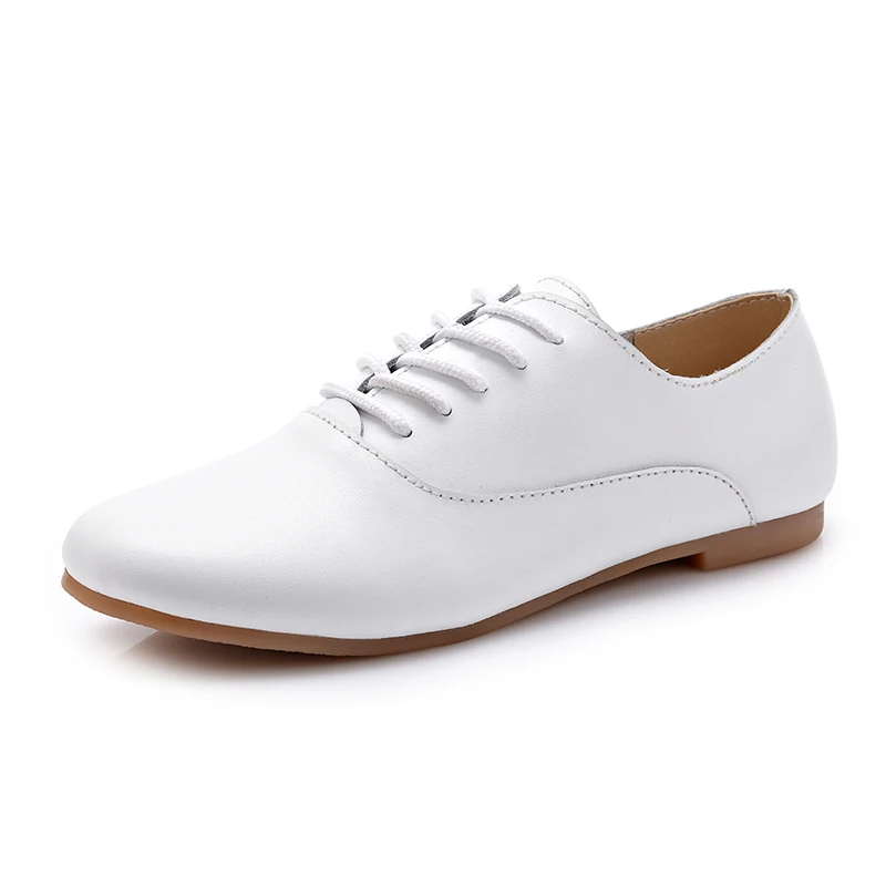 LZJ Spring women oxford shoes ballerina flats shoes women genuine leather shoes moccasins lace up loafers white shoes 35-44 - Цвет: 051 White