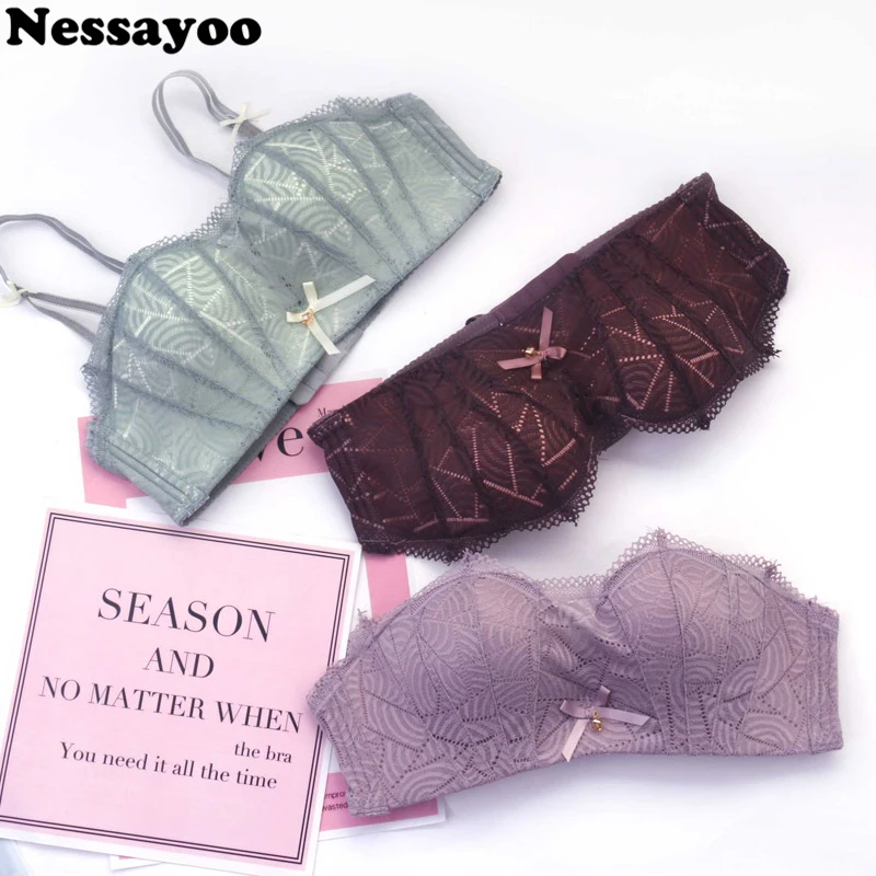 

Half Cup 1/2 Cup Small Chest Gather Strap Bra Women Invisible Dress Bras Memory Soft Underwire Lace Floral Pull B Back Underwear