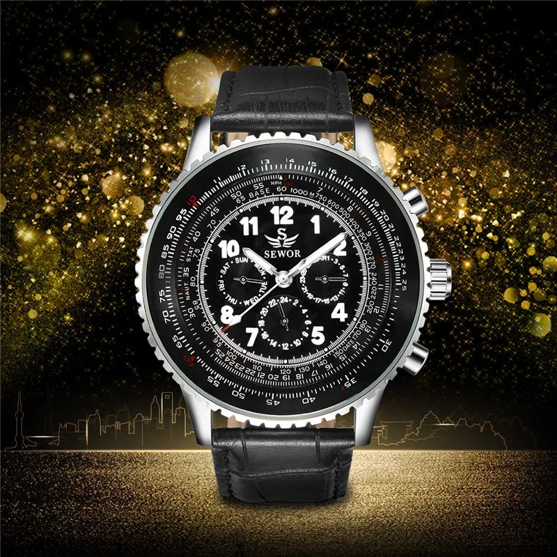 

SEWOR Mechanical Watch Black Dial Men Watches Watchband hours Week Calendar Display Self-wind Automatic Mechanical Wristwatch 48