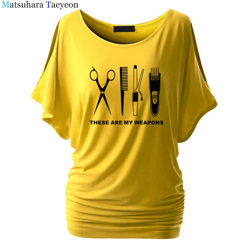 Женская футболка с рукавом «летучая мышь» и круглым вырезом, хлопковая Футболка с рисунком оружия для парикмахеров, женская футболка с ножницами, топы, одежда T90