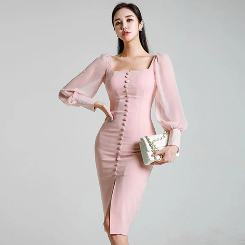 

2019 Spring Single-breasted Square Collar Sexy Slim Bodycon Vestidos Women Split Elegant Korean Dress Pencil Dresses