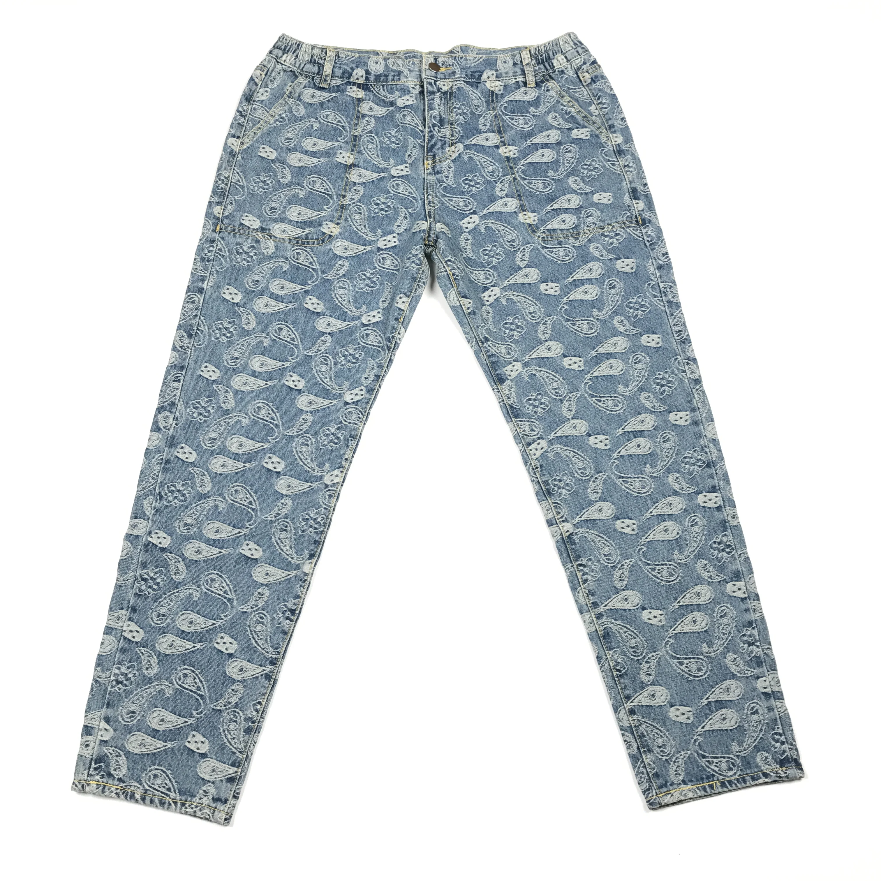 

Hip Hop Vintage Paisley Denim Jeans Contrast Stitching Loose Cargo Pants