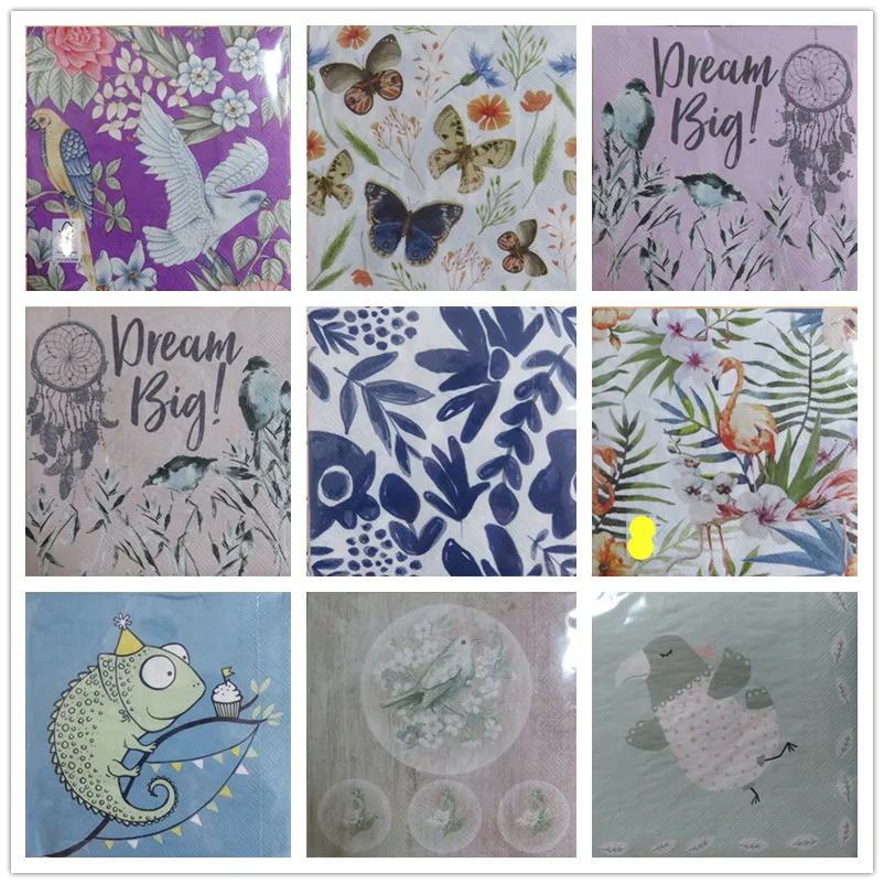 

High quality vintage napkins paper tissue printed cute animal flowers butterfly bird decoupage wedding servilletas party decor