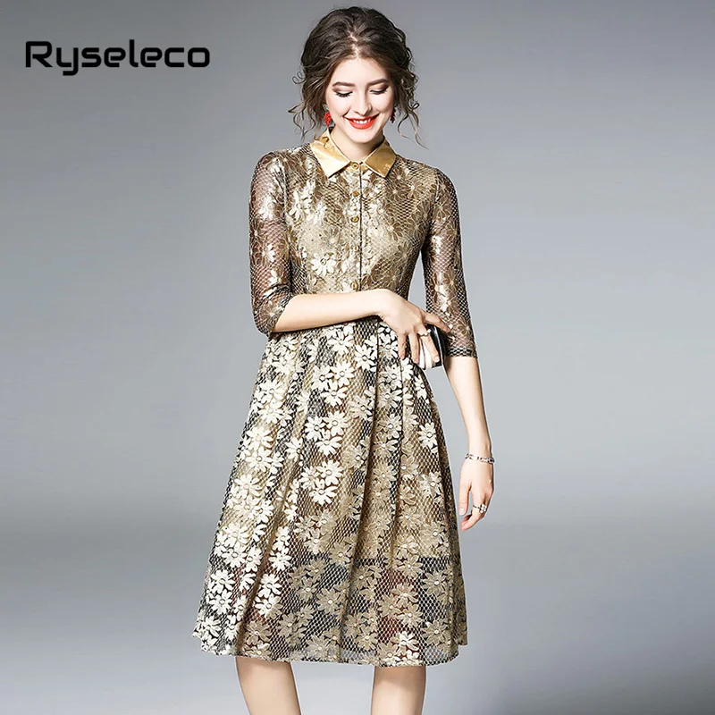 Ryseleco модное плиссированное платье с рукавом 3/4 весна 2018 кружевное цветочным
