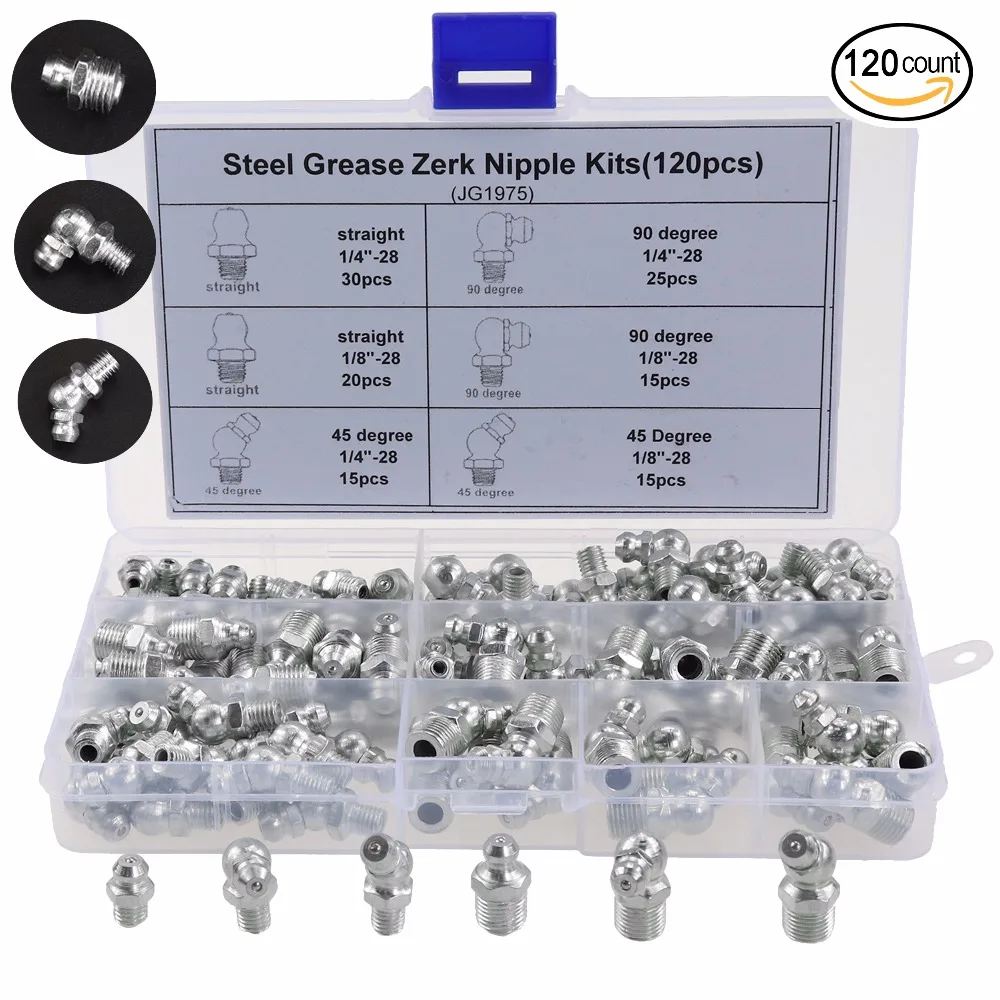 

120pcs SAE Standard 1/4"-28 1/8"-28 90 Degree and 45 Degree and Straight Type Hydraulic Grease Zerk Fitting