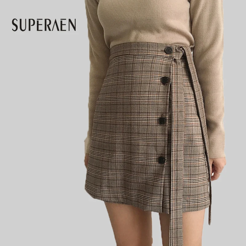 

SuperAen Retro Plaid Thick Single-breasted Lace Women Skirt High Waist A-line Vintage Skirt Girls Cotton Wild 2017 New Skirts
