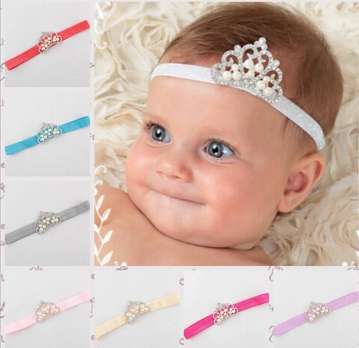 Newborn baby elastic headband plated crystal rhinestone pearl crown