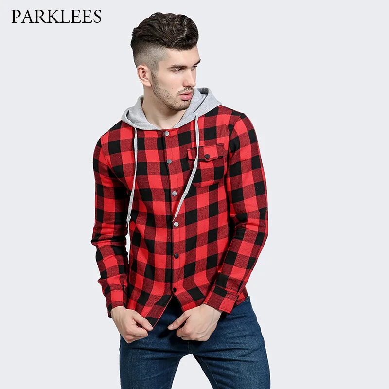 

Red Black Plaid Hooded Shirt Men 2017 Brand New Men Shirt Long Sleeve Slim Fit Mens Hoodies Shirts Casual Shirt Camisa Masculina