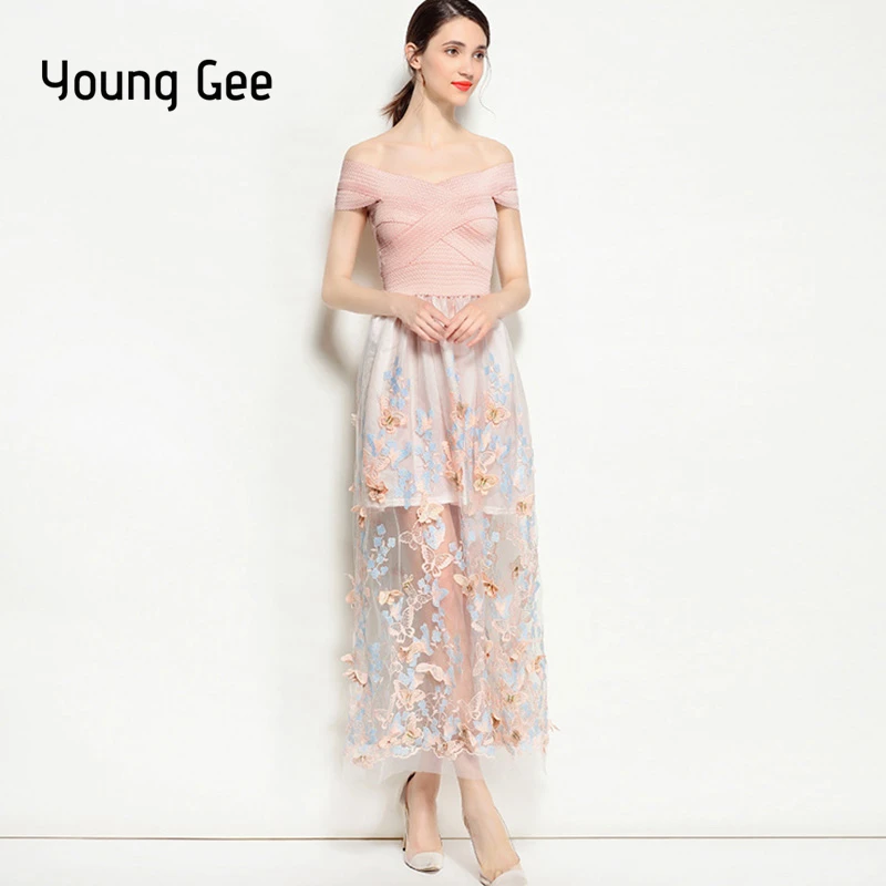 

Young Gee Womens V-Neck Lace Embroidery 3D Floral Party Dress High Quality Sexy Off Shoulder Bandage Luxury Dresses vestidos