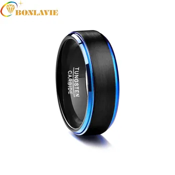 

2018 New Black Matte Surface Blue Edge Promise Band Men Rings 100% Tungsten Carbide Size 7-12 Anillos Para Hombres Pierscienie