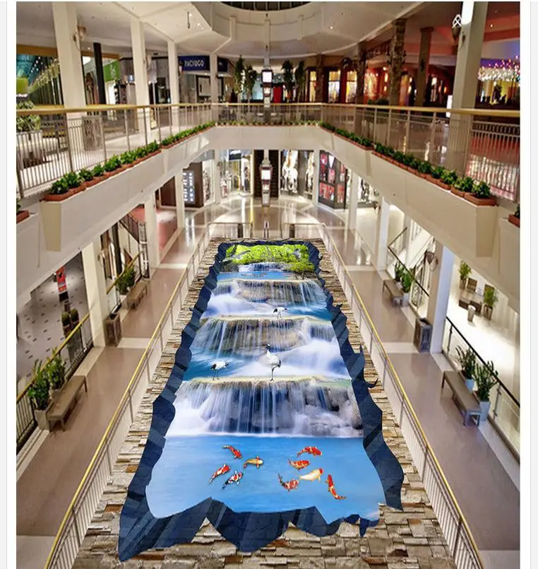 3D обои для пола водопад пейзаж журавль рыба|pvc flooring wallpaper|floor 3d wallpaperfloor wallpaper |
