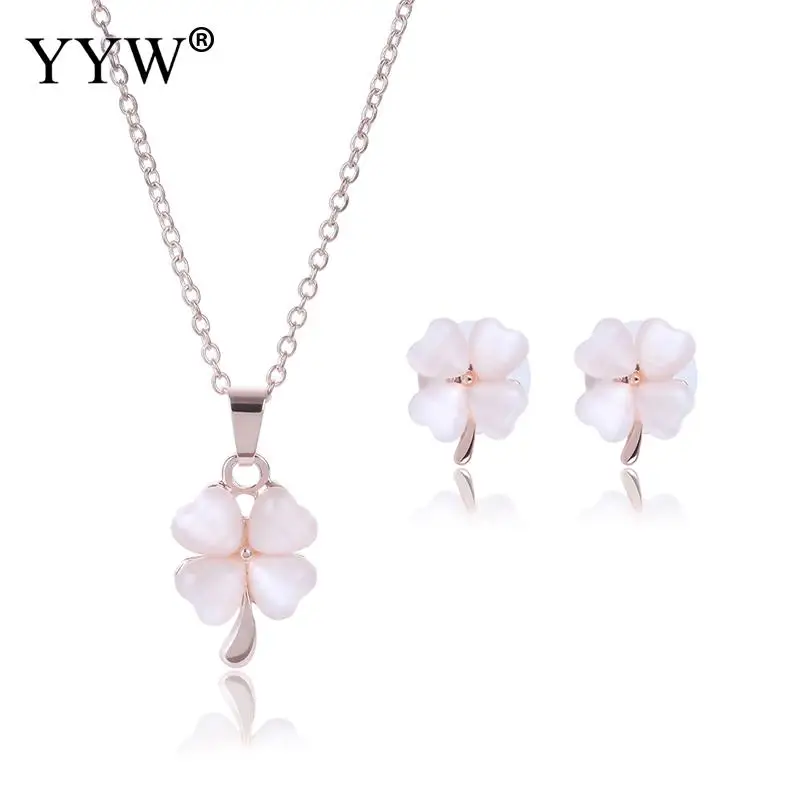 

Cute Four Leaf Clover Jewelry Set Rose Gold Color Earrings & Necklace Sets for Girl Women Statement Jewelry Lovers Friend Gifts