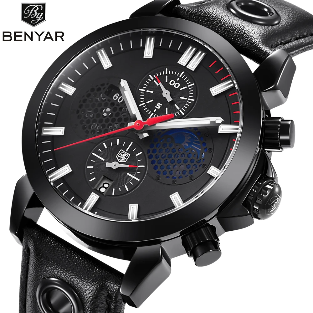 

2018 New BENYAR Militray Watch Moon Phase Quartz Watch Men Chronograph Waterproof Steel Leather Sport Men's Wrist Watches Boys