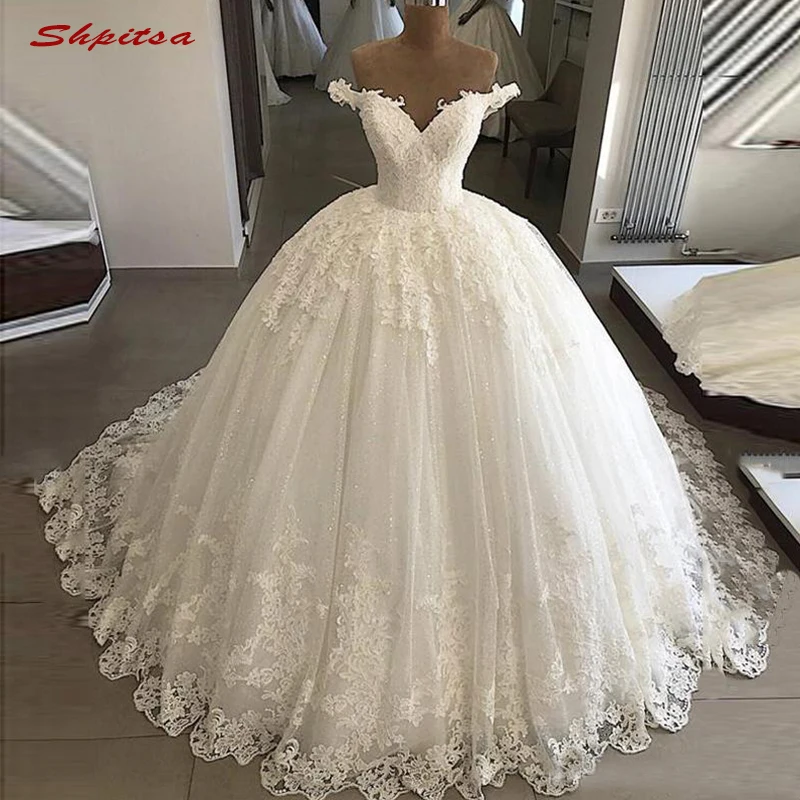 Кружево бальное платье Свадебные платья Тюль Плюс размеры с открытыми плечами бисером невесты Weding Свадебные платья