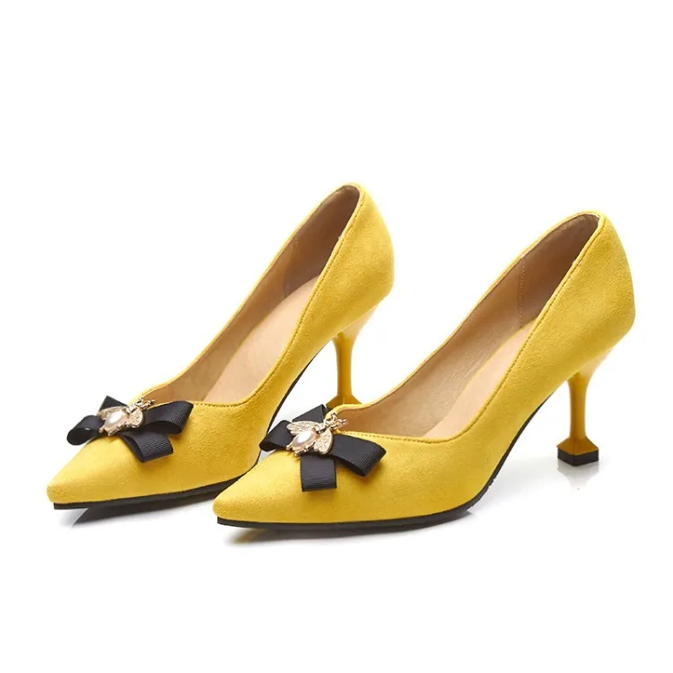 BeckyWalk/желтые/черные женские туфли на шпильке; сезон весна; женские туфли-лодочки с острым носком; модельные туфли на высоком каблуке с бантом в виде пчелы; женская обувь; WSH2630 - Цвет: Цвет: желтый