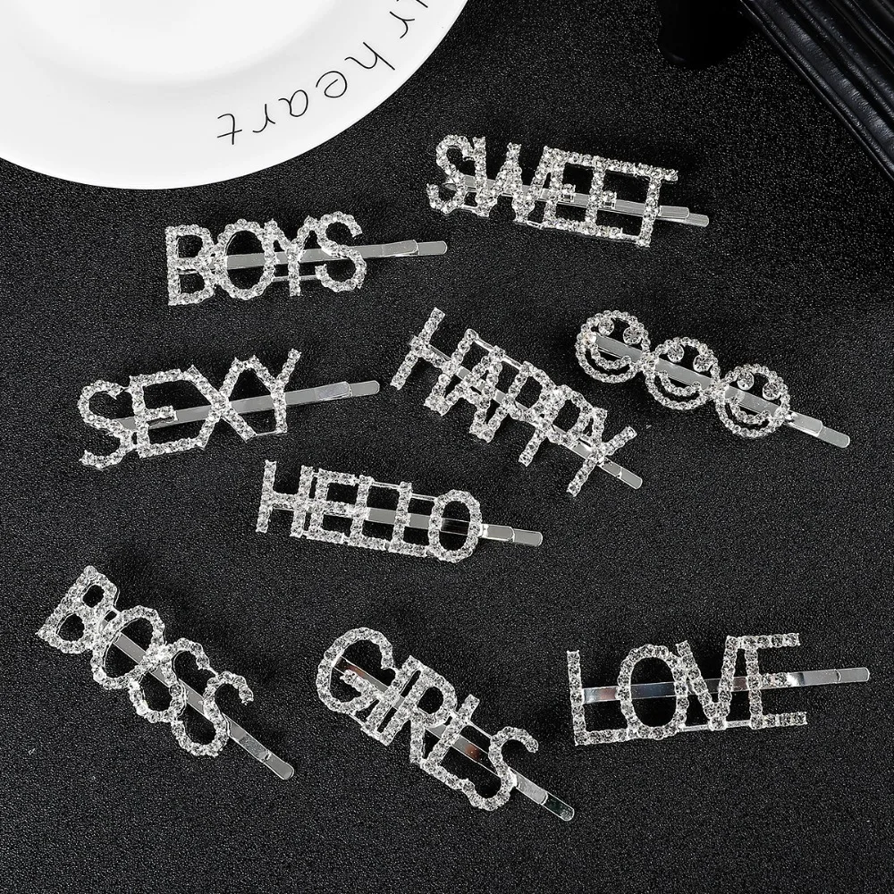 

2019 new fashion letter word rhinestone crystal hairpin hairgrip silver hair clip grip pin barrette ornament hair accessories