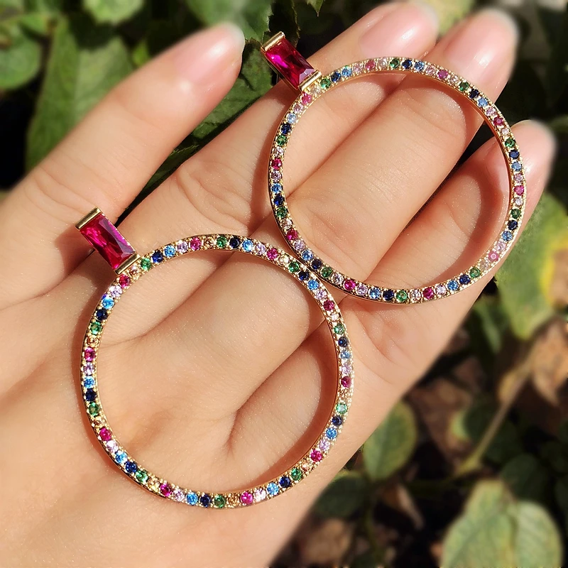 Большие круглые полые серьги-гвоздики с радужным кубическим цирконием для женщин геометрический золотистый большая красная серьга бижутерия