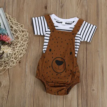 

Baby Sets 2019 Striped Print T-Shirt Tops+Cartoon Bear Suspenders Romper Outfits Newborn baby girl outfits 2t kiz bebek giyim
