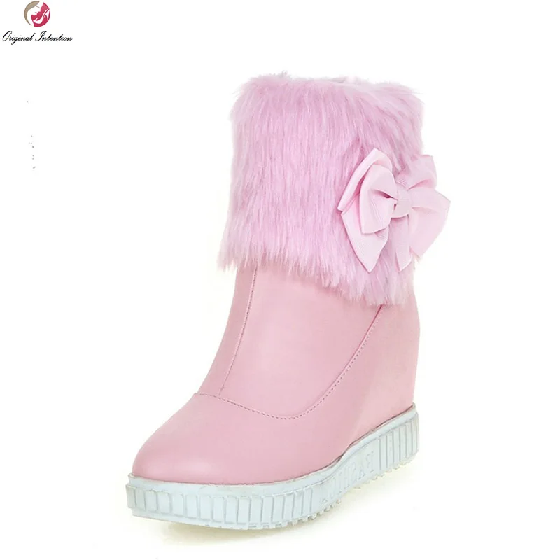 

Original Intention Concise Women Snow Boots Round Toe Height Increasing Black White Pink Beige Boots Shoes Woman US Size 4-10.5