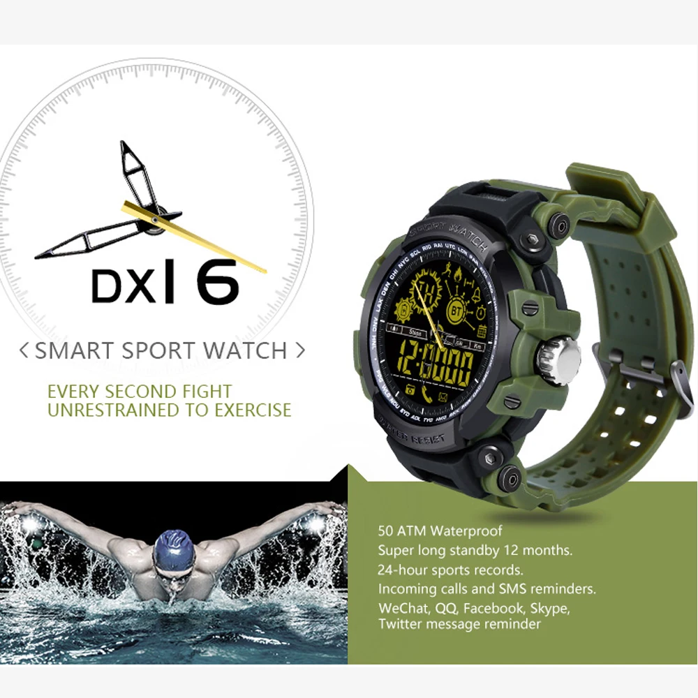 DX16 5ATM للماء ساعة ذكية الرجال 12 أشهر الاستعداد الرياضة ساعة ذكية سجل المكالمات تذكير إنذار Passometer Smartwatch