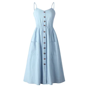 

Button Sleeveless Shirt Dress 2019 Summer Cotton Boho Beach Dresses Women Casual Solid Pocket A-line Midi Party Dress Vestidos