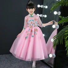 2018 New Luxury Baby Girls Embroidery Flowers Lace Birthday Wedding Party Pink Dress Children Kids Ball Gown Pageant Mesh Dress