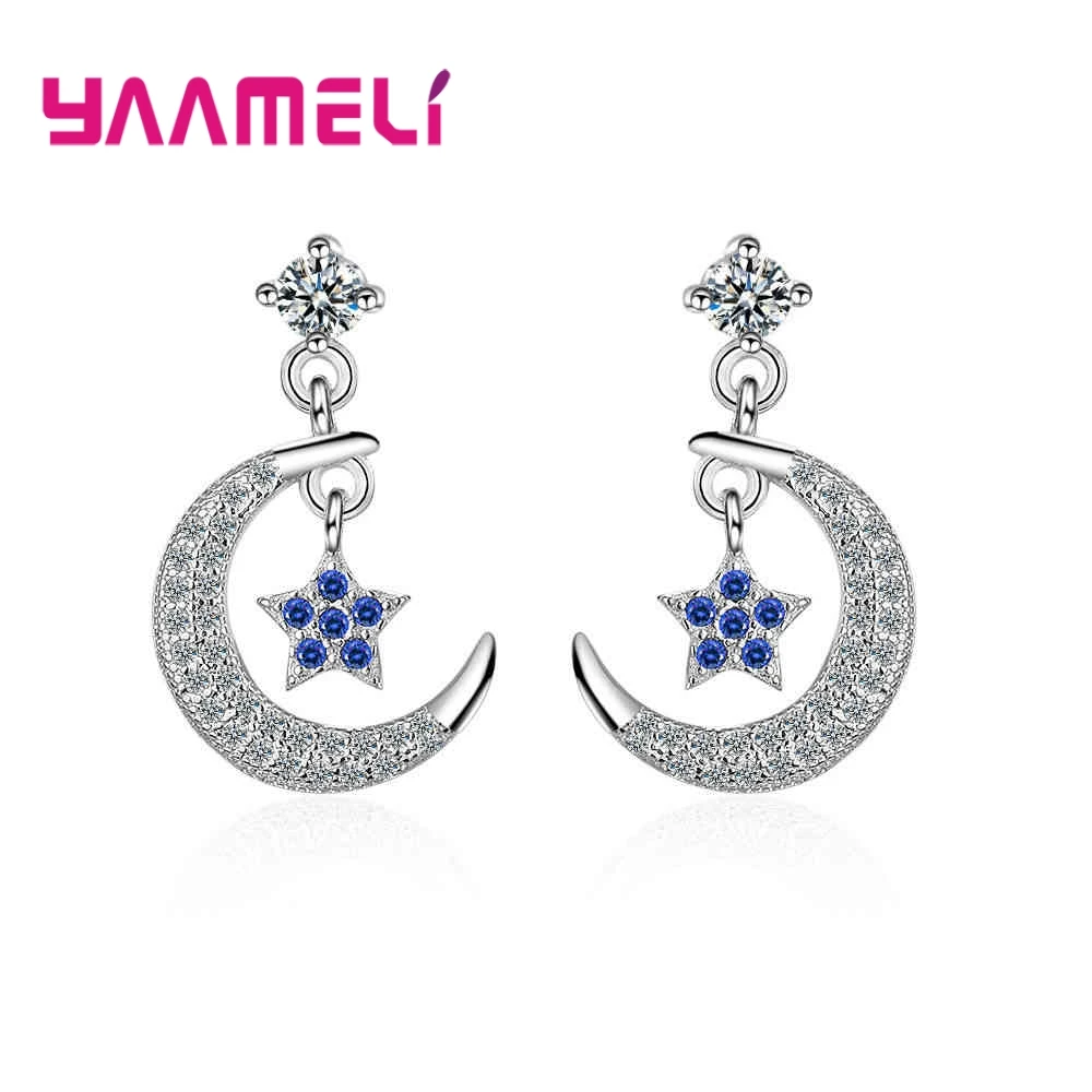 

Top Quality 925 Sterling Silver Women Dangle Drop Earrings 5A Grade CZ Crystal Inlay Paved Sun Moon Star Lovely Jewelry