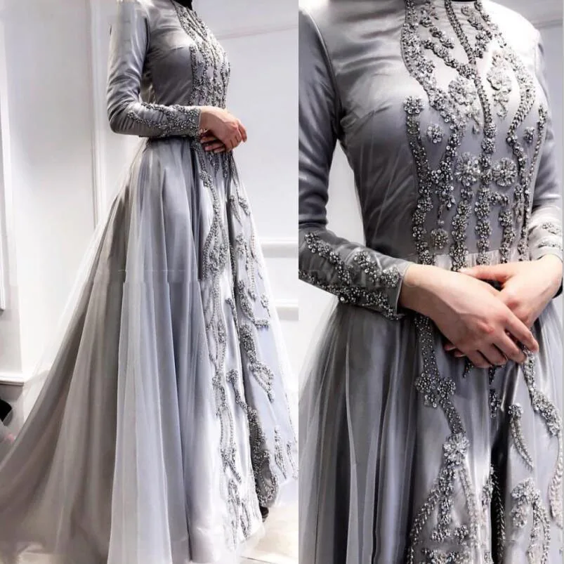 1-1              Saudi Arabic Gray Long Sleeves Muslim Evening Gowns 2019 Elegant Women Formal Dress Long Beaded Dubai Kaftan Prom Party Dress robe de soiree