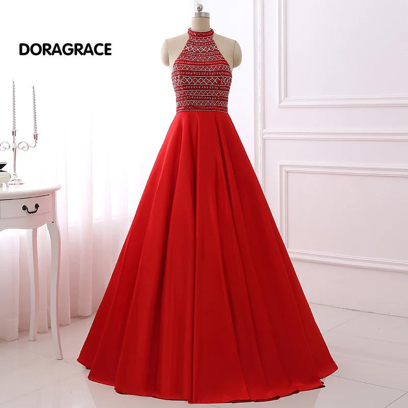 

DORAGRACE New Arrival Glamorous Crystal Beaded A Line Floor-Length Open Back Red Prom Gowns Evening Dresses DGE077