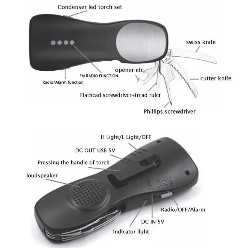 Alarm FM Radio Mobile Phone Charging Hand-operated Power Generat powerful led flashlight laser pointer #4S12 (7)