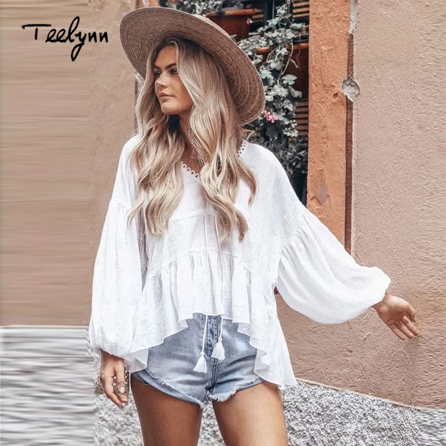 TEELYNN Loos Boho блузка белая однотонная Сексуальная С v образным вырезом пышная с