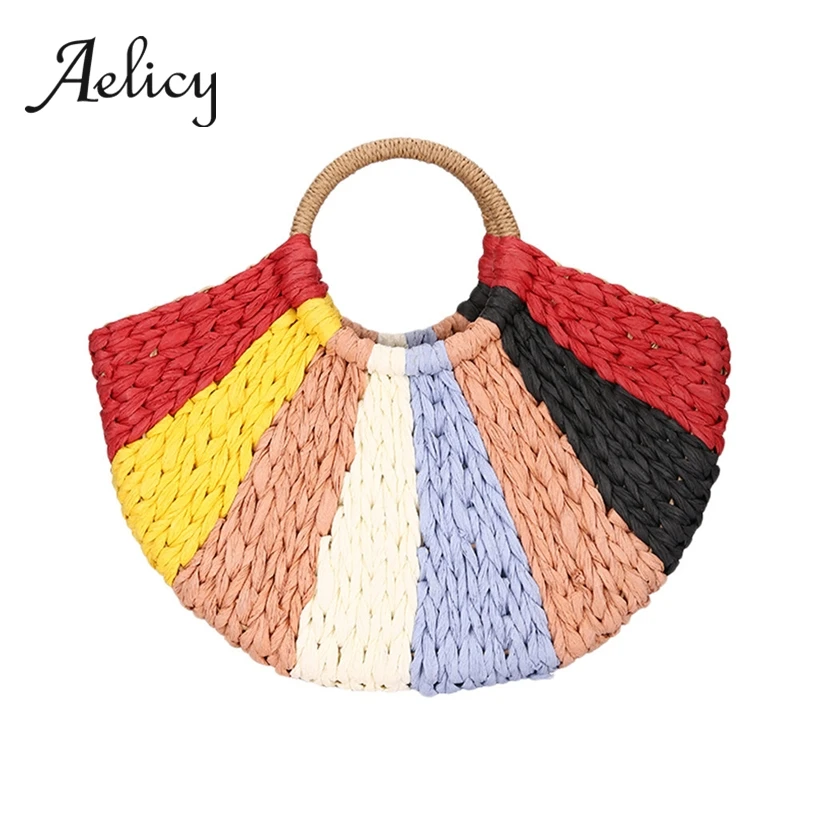 

Aelicy Summer Fashion Weaving Satchel Women Holiday Straw Handbag Lady Beach Seaside Travel Color Woven Tote Bag New 2019