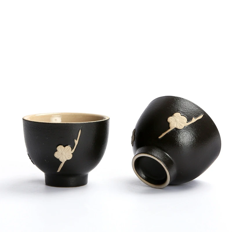

Crude Pottery Ceramic Tea Cups Hand Made 3D Plum Pattern Teacups Japanese Style Kung Fu Tea Set High Quality Vintage Chinaware