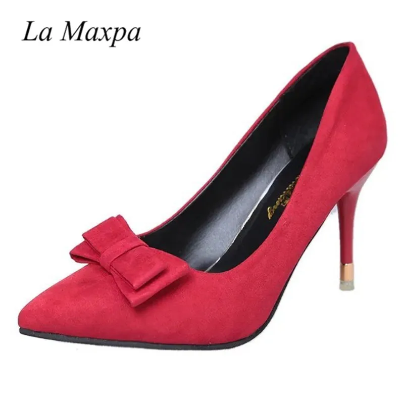 

La MaxPa Woman Sexy Thin High Heel Pointed Toe Suede Pumps Fashion Bow Knot Wedding Lazy High Heels Ladies Black Red Green Shoes