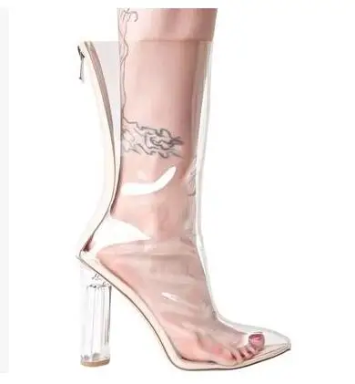 

2017 Summer newest transparent PVC patchwork high heel boots sexy pointed toe ankle boots woman thick heel club wear shoes