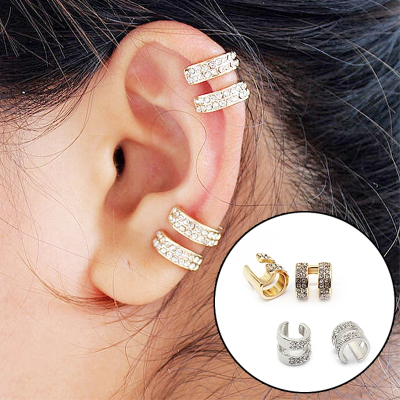 

Beautiful Exquesite 2018 New Arrival Small Round Crystal Allergy Free 2 Rows Rhinestone Clip Earring 1Pair Unique Golden/Silvery