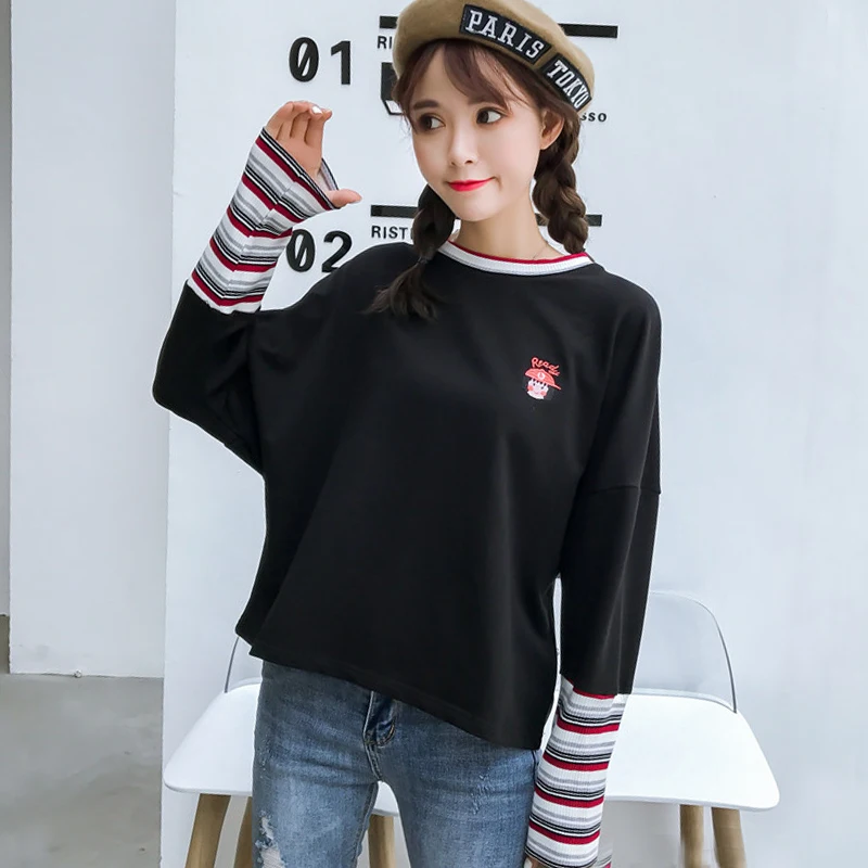 korean Autumn Harajuku long Sleeve Loose Tops tee Stripe black T-shirt Female fashion women Patchwork cartoon Embroidery T shirt
