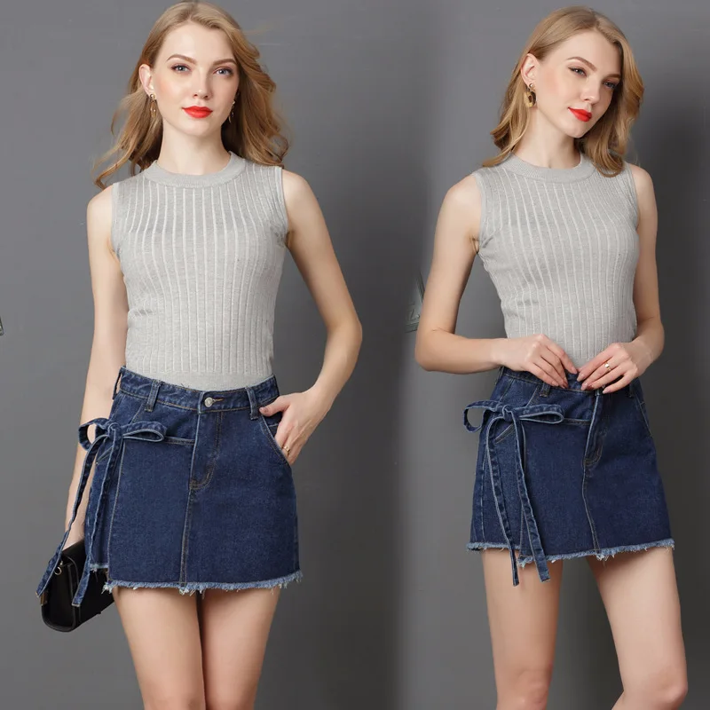 

2019 spring and summer new large size women's denim shorts skirt irregular striped skirt trousers
