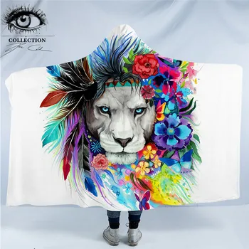 

Lion by Pixie Cold Art Hooded Blanket Tribal Animal for Adults Sherpa Fleece Wearable Watercolor Floral Throw Blanket 150x200cm