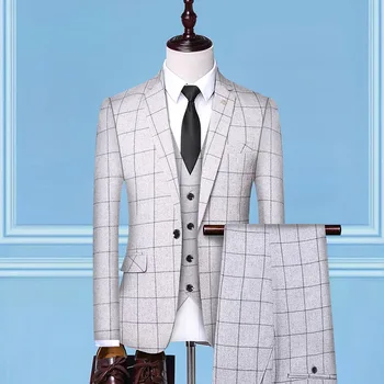 

2020 men's plaid business fashion suit youth wedding suit three-piece suit