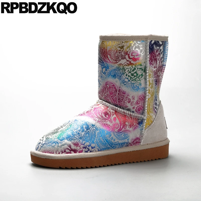 

Ladies Snow Big Size White Ankle 12 44 Flower Printed Mid Calf Booties Winter Flat Slip On Warm Boots Women Shoes New Female