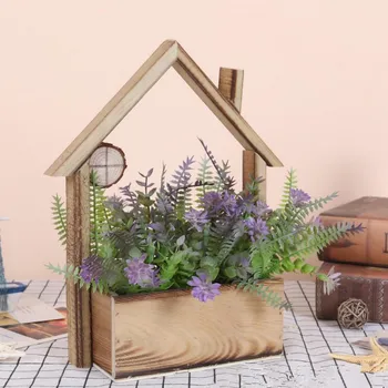 

Flone Artificial Wooden Hut Fleshy Flower Pot Plant Crafts Wooden Simulation Bonsai Flower Stand Wall Hanging Home Table Decor
