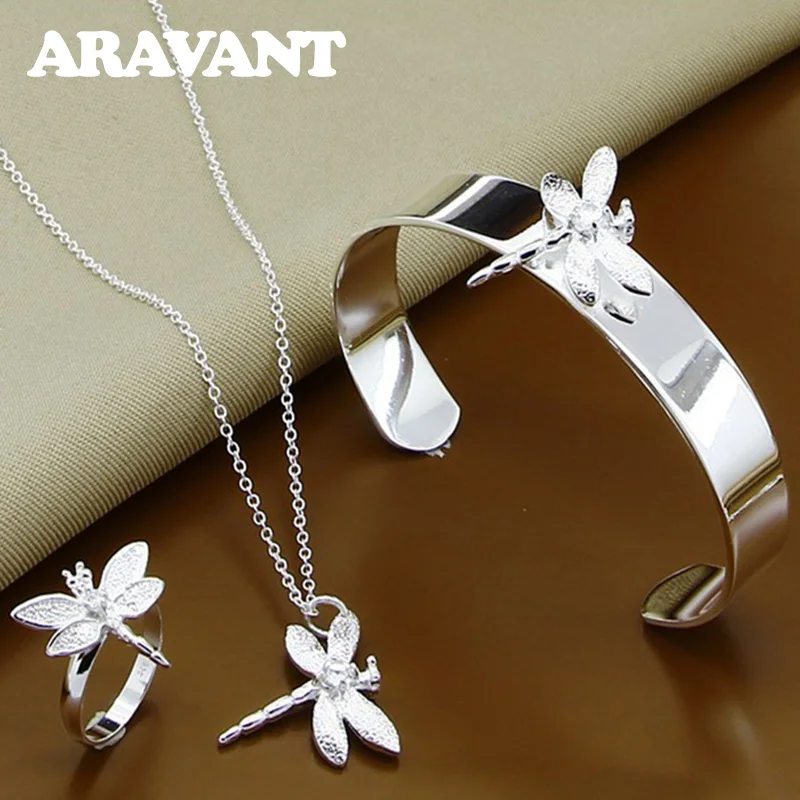 

925 Silver Dragonfly Necklace Ring Open Bangle Jewelry Set For Women Bridal Jewelry