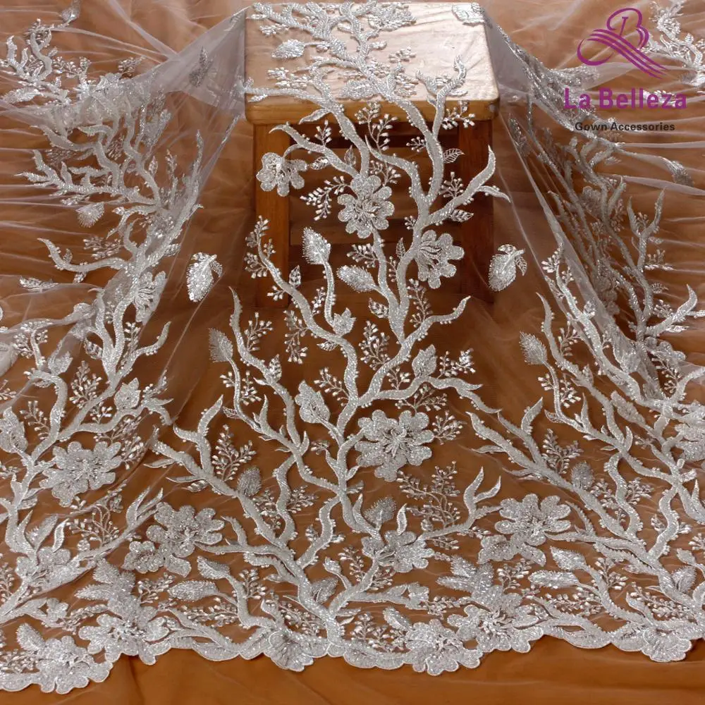 

Wedding dress lace fabric off white /silver beaded sequins lace fabric 1 yard