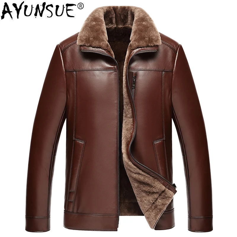 

AYUNSUE Genuine Sheepskin Leather Jacket Men 100% Real Wool Liner Short Men's Fur Coat Warm Jackets 2019 Veste 22-1687 KJ1562