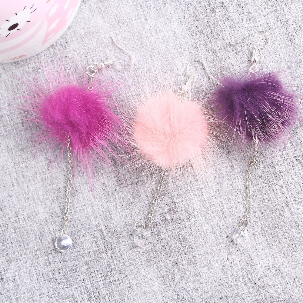 Милые женские серьги-капли с помпоном, меховые шарики, цепочка, подвеска и серьги-подвески, розовые, фиолетовые, меховые серьги, подарок
