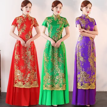 

Elegant Woman Casual Lace Qipao Chinese Classic Slim Long Cheongsam Mandarin Collar Short Sleeve Dress Performance Vestidos