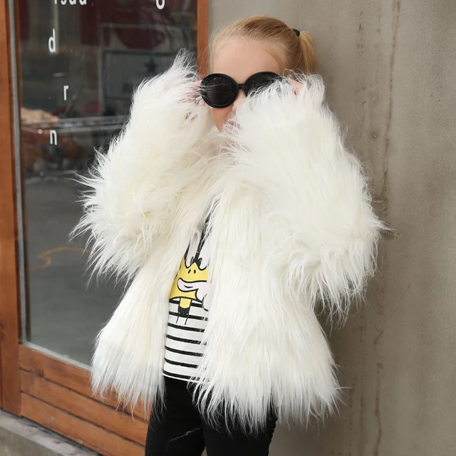 Girls Faux Fur Coat Jacket Autumn Winter Kids Outerwear Solid White